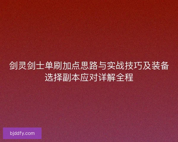 剑灵剑士单刷加点思路与实战技巧及装备选择副本应对详解全程